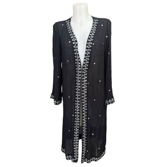 Soft Surroundings Black Breezeway Kimono Embellished‎ Mirror accent sz M New - Picture 1 of 12